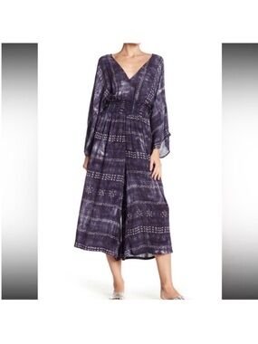 Dual nature tie dye print smocked waist boho flowy wide leg open back jumpsuit